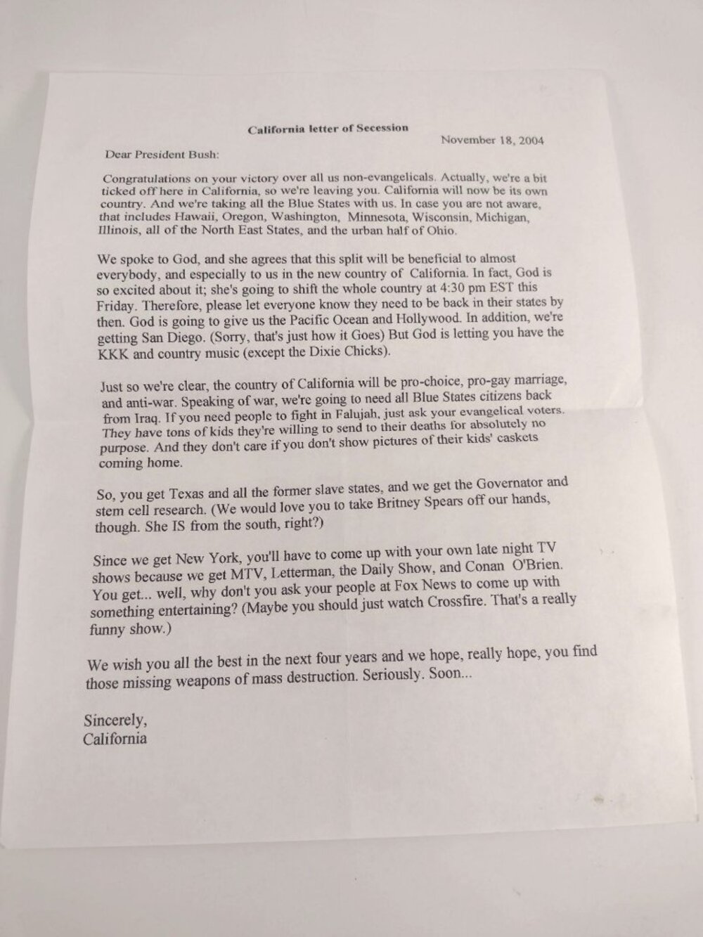 Vintage 2004 California Letter Of Secession Historic Humorous Democrats Liberal